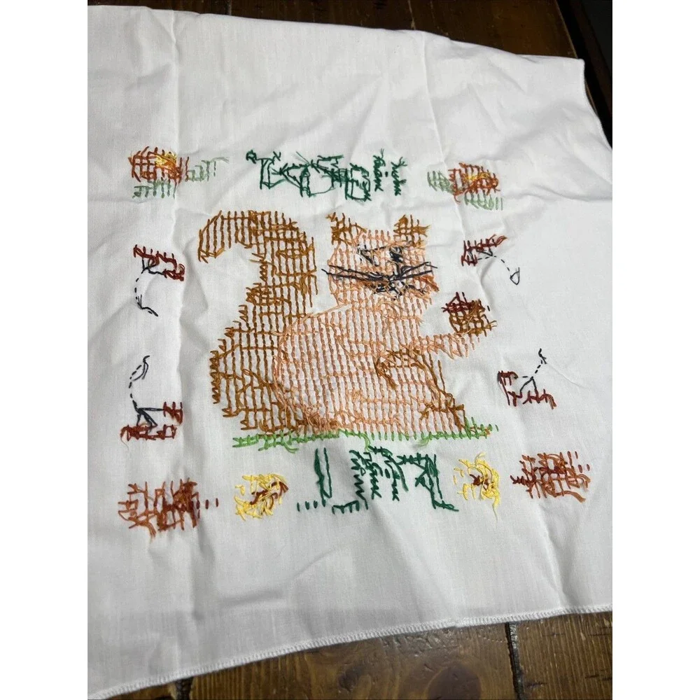 Handmade Finished Cross Stitch Towel Happy Fall Squirrel Acorns